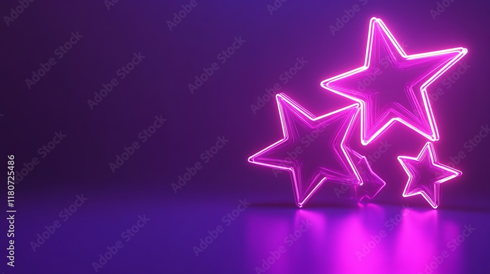 Three Neon Stars Glowing Brightly Purple Background Three Neon Stars Glowing Brightly Purple Background