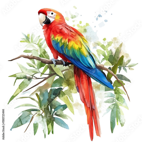 A watercolor drawing of a macaw perched on a jungle vine, surrounded by lush green foliage, isolated on a white background. Macaw jungle vector.
