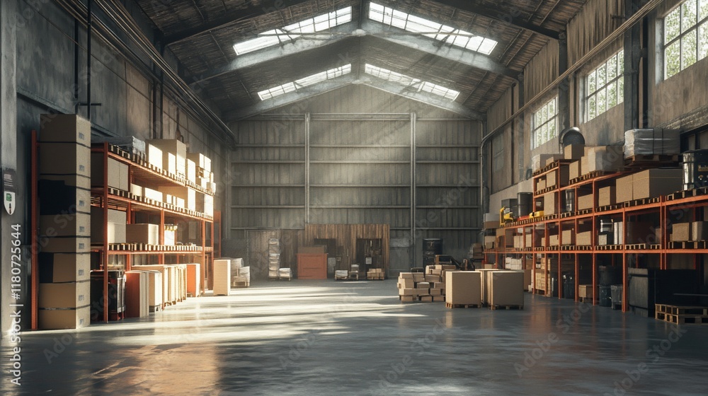 Sunlit warehouse interior, storage shelves, boxes, logistics Sunlit warehouse interior, storage shelves, boxes, logistics