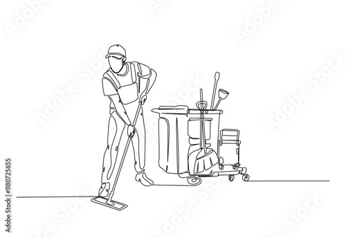 Janitor with cleaning service equipment in continuous one line drawing. Single line art illustration of cleaning service worker. Editable vector.