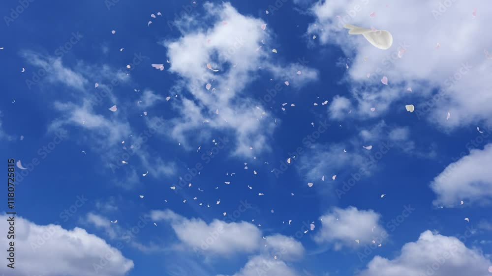 春ひらひらとたくさんの花弁が舞い落ちる空の風景 青空と雲の背景 自然・お祝い・希望・結婚式・ウエディング・アウトドア・春・出発・入学・入社のイメージ 太陽の光と旅行の雰囲気 春ひらひらとたくさんの花弁が舞い落ちる空の風景 青空と雲の背景 自然・お祝い・希望・結婚式・ウエディング・アウトドア・春・出発・入学・入社のイメージ 太陽の光と旅行の雰囲気