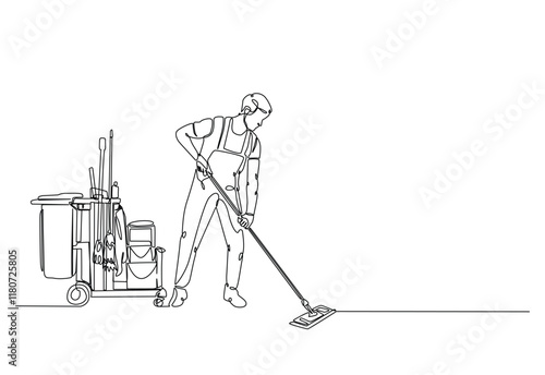 Janitor with cleaning service equipment in continuous one line drawing. Single line art illustration of cleaning service worker. Editable vector. photo