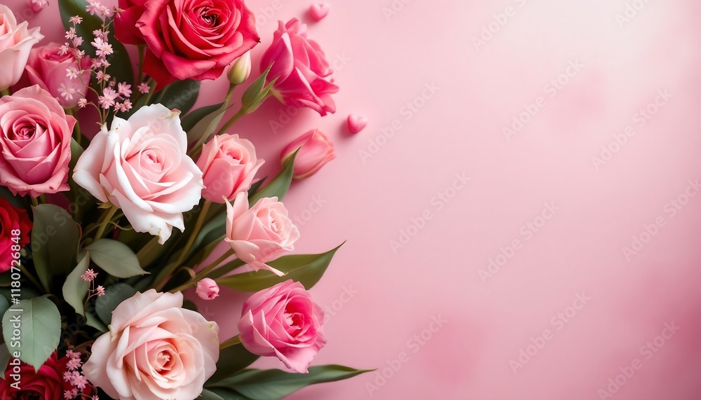 Beautiful Pink and Red Roses Bouquet on Pink Background - Valentine's Day, Mother's Day, Wedding Beautiful Pink and Red Roses Bouquet on Pink Background - Valentine's Day, Mother's Day, Wedding