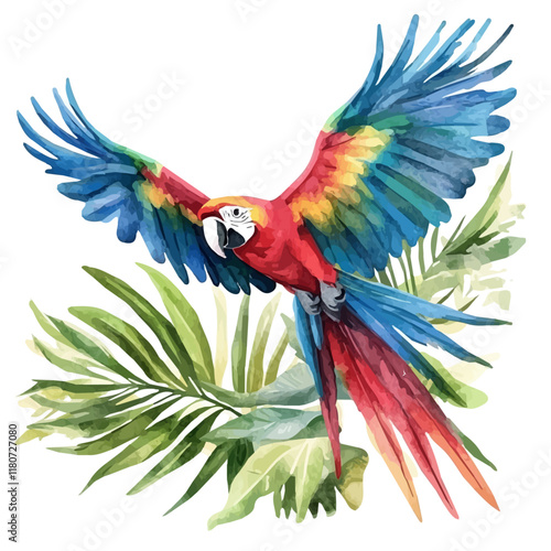 A watercolor illustration of a macaw flying above the canopy, soaring over lush green treetops, isolated on a white background. Macaw canopy vector.
