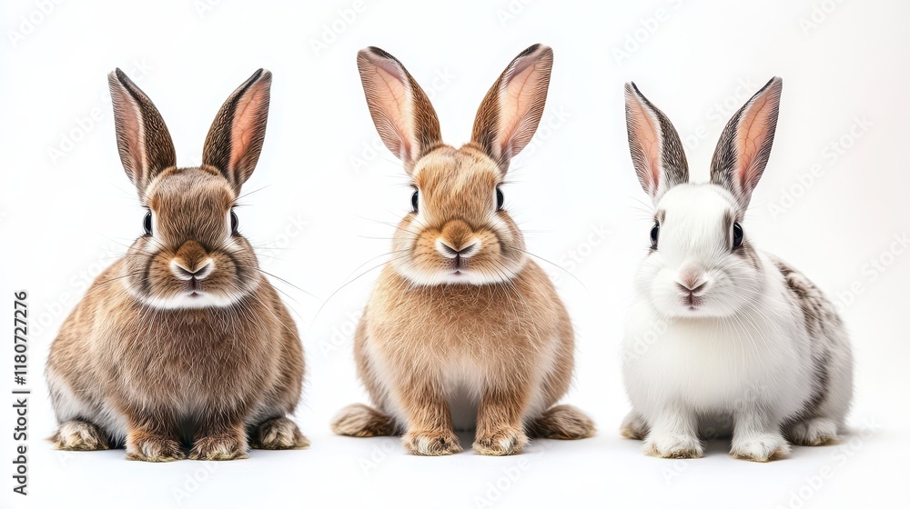 Three rabbits are sitting in a row, with one of them being white Three rabbits are sitting in a row, with one of them being white