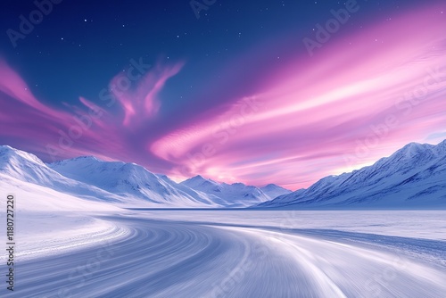 Majestic mountains rise against a vibrant twilight sky painted with pink and purple hues. A winding, icy road cuts through the serene snow-covered terrain, creating a tranquil winter scene photo