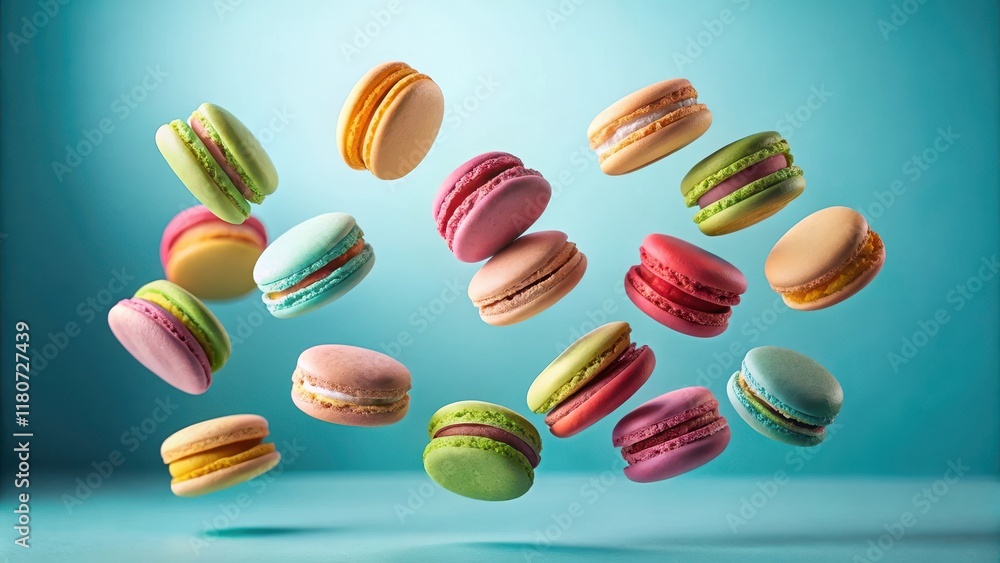 custom made wallpaper toronto digitalA delightful array of colorful, delicate macarons floats gracefully against a serene aqua backdrop, showcasing their pastel hues and airy textures in a visually captivating arrangement.