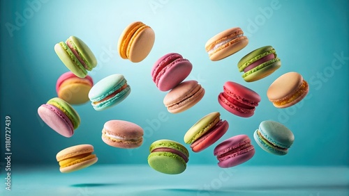 Wallpaper Mural A delightful array of colorful, delicate macarons floats gracefully against a serene aqua backdrop, showcasing their pastel hues and airy textures in a visually captivating arrangement. Torontodigital.ca
