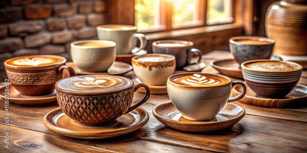 Fototapeta premium Aromatic Coffee Creations Multiple Cups of Latte Art on Rustic Wooden Table