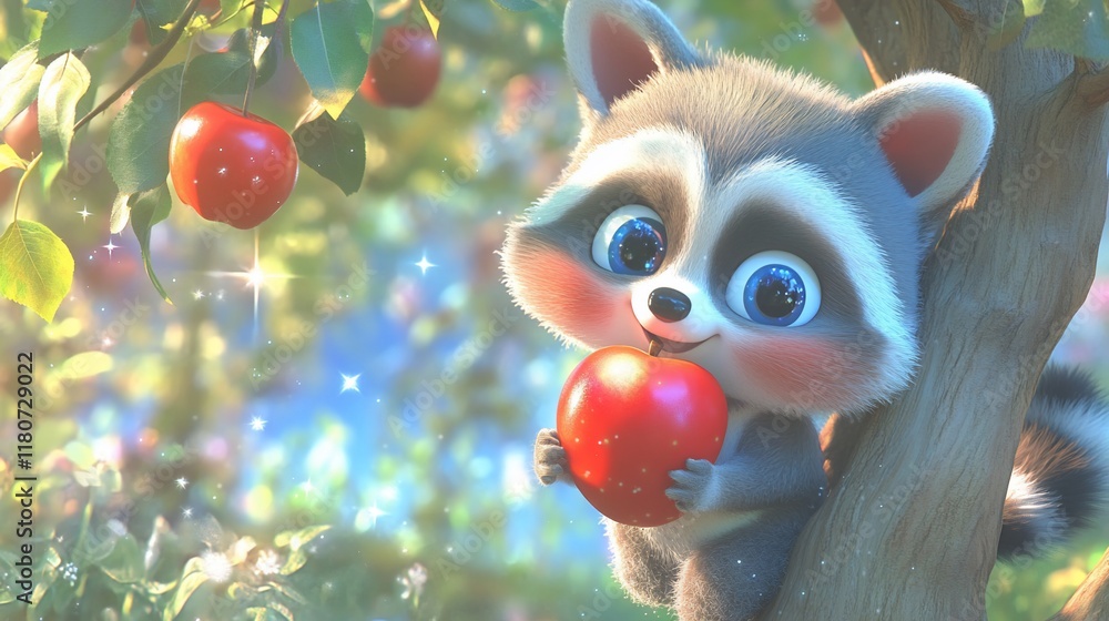 Cute cartoon raccoon eating a red apple in an apple tree. Cute cartoon raccoon eating a red apple in an apple tree.