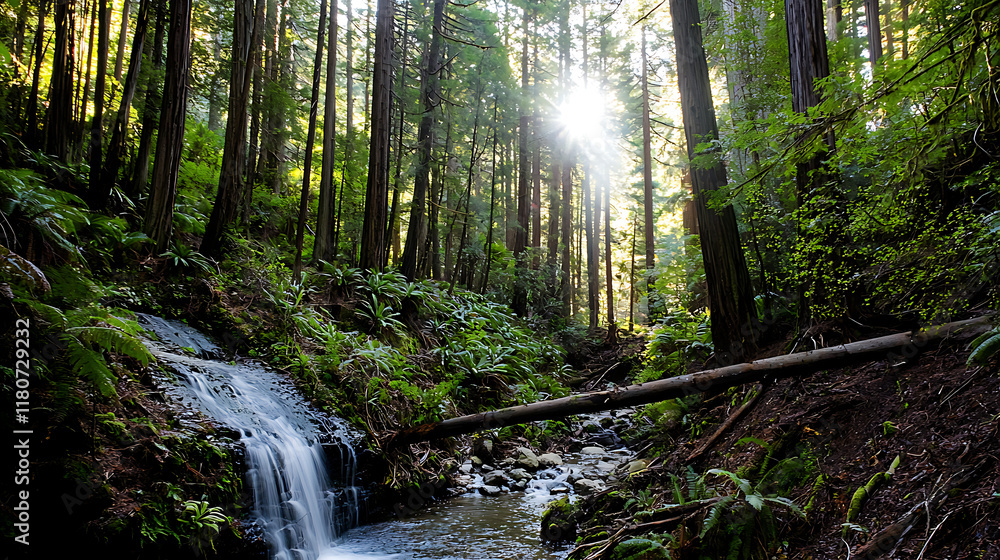 Obraz premium A stream of water flows through a forest. generated using AI