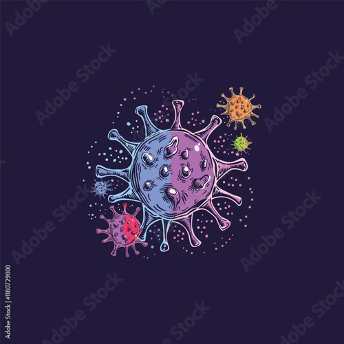 Bactery virus hand drawn engraving design vector template illustration