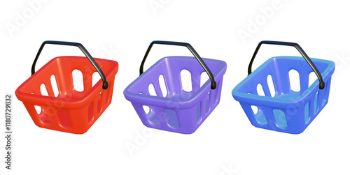 3D vector rendered illustration of a set of three shopping cart icons in red, purple and blue tones. Shopping, shopping or retail symbols isolated on a white background.