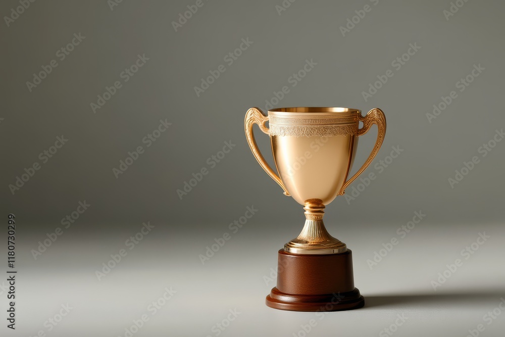 A golden trophy stands on a wooden base against a simple gray background, symbolizing achievement and victory. A golden trophy stands on a wooden base against a simple gray background, symbolizing achievement and victory.