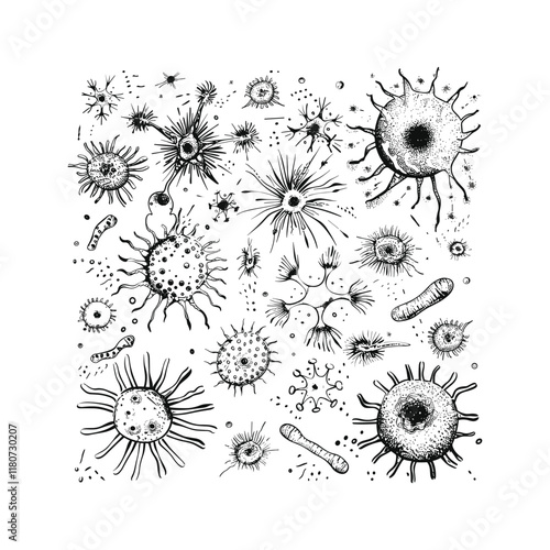 Bactery virus hand drawn engraving design vector template illustration