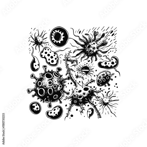 Bactery virus hand drawn engraving design vector template illustration