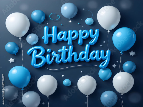 Happy birthday design. Birthday greeting text with blue and white inflatable balloons for invitation card template. birth day card design