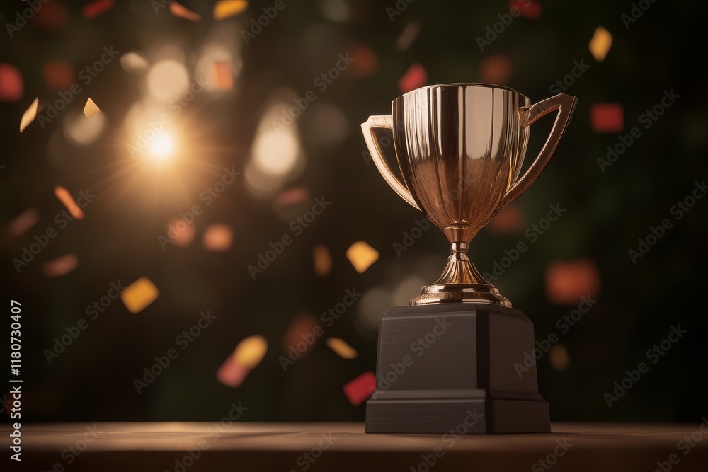 A shiny trophy stands on a pedestal, surrounded by colorful confetti, symbolizing achievement and celebration in a festive atmosphere. A shiny trophy stands on a pedestal, surrounded by colorful confetti, symbolizing achievement and celebration in a festive atmosphere.
