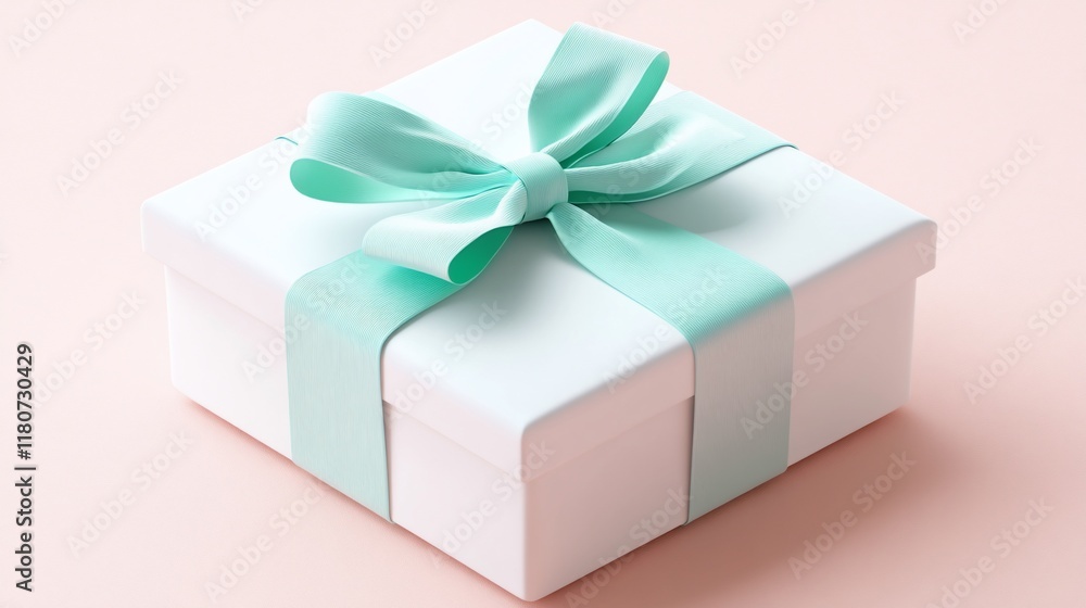Obraz premium White gift box with light green ribbon bow.