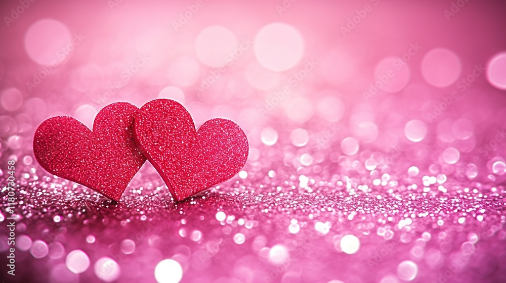 Two red hearts on a pink glitter background with copy space, a soft-focus and pastel color palette for a realistic Happy Valentine's Day banner template in high resolution. Two red hearts on a pink glitter background with copy space, a soft-focus and pastel color palette for a realistic Happy Valentine's Day banner template in high resolution.