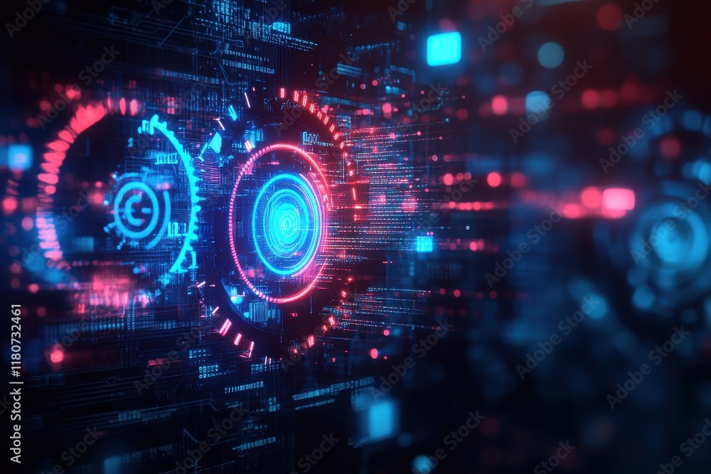 Fototapeta premium A digital high-tech interface displaying rotating gears with neon lights