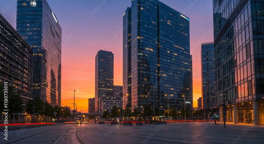 Obraz premium A modern city skyline at dawn, with the first light reflecting off glass skyscrapers
