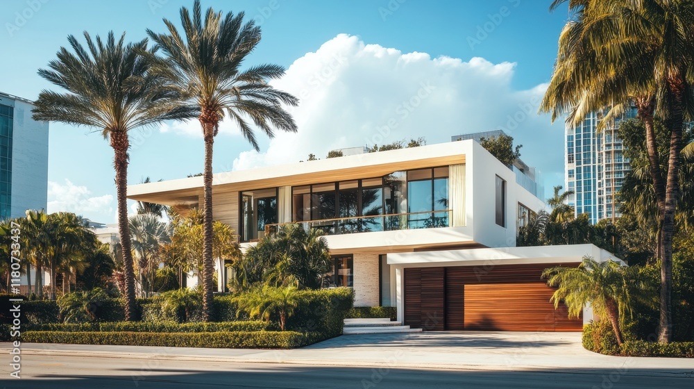 Modern luxury beachfront home with palm trees. Ideal for real estate, travel, and luxury lifestyle advertising. Modern luxury beachfront home with palm trees. Ideal for real estate, travel, and luxury lifestyle advertising.