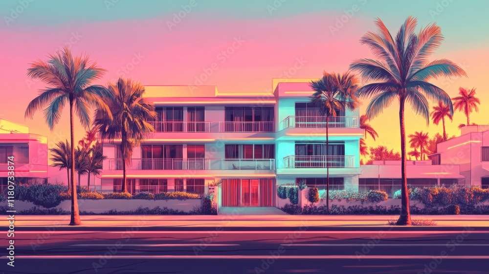 Obraz premium Stylish Miami-esque building at sunset, palm trees flanking a quiet street. Perfect for travel, vacation, or luxury real estate projects.