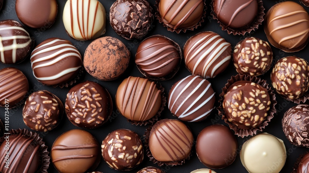 Assorted gourmet chocolate truffles and bonbons, various shapes and toppings. Perfect for websites, blogs, or articles about confectionery, desserts, or luxury food. Assorted gourmet chocolate truffles and bonbons, various shapes and toppings. Perfect for websites, blogs, or articles about confectionery, desserts, or luxury food.