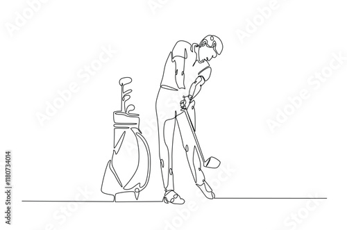 Golf sport continuous one line drawing. professional golfer and golf bag in single line art illustration. Editable vector.