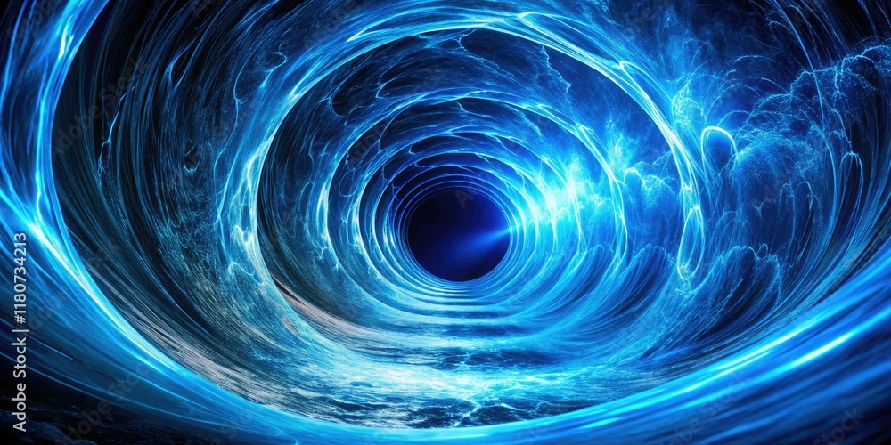 Obraz premium Abstract blue fractal wave circles tunnel; long exposure photography creates a mesmerizing science background.