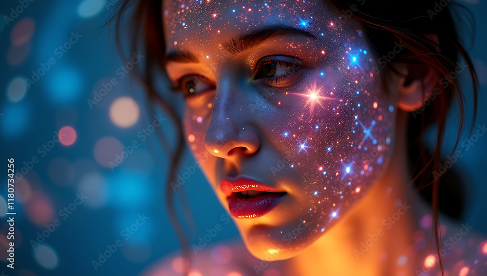 “Extreme Closeup of a Face with a Galaxy Map Projected Onto It” – Detailed star maps and constellations illuminating the face, symbolizing cosmic connection and wonder.
“Extreme Closeup of a Face with a Galaxy Map Projected Onto It” – Detailed star maps and constellations illuminating the face, symbolizing cosmic connection and wonder.
