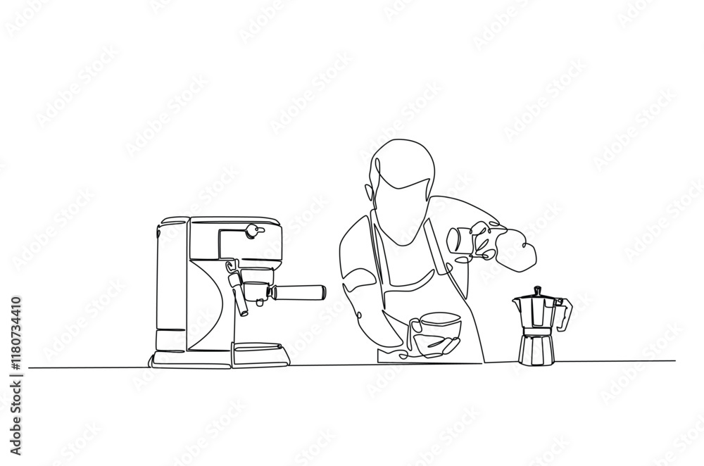 Barista and coffee machine continuous one line drawing. Barista preparing cofffee in single line art illustration. Editable vector. Barista and coffee machine continuous one line drawing. Barista preparing cofffee in single line art illustration. Editable vector.