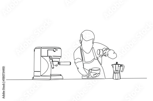 Barista and coffee machine continuous one line drawing. Barista preparing cofffee in single line art illustration. Editable vector.