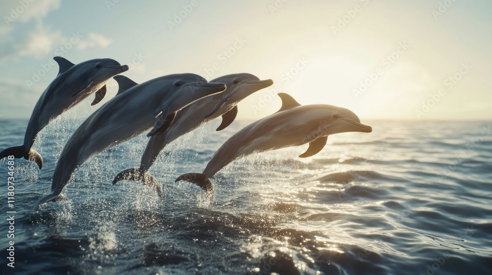Fototapeta premium Magnificent Dolphins Leap at Sunset: A Breathtaking Ocean Scene