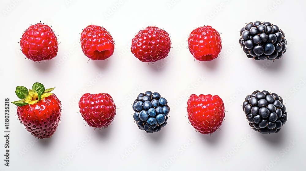 Fresh and Juicy Berries Arrangement on Bright White Background Fresh and Juicy Berries Arrangement on Bright White Background