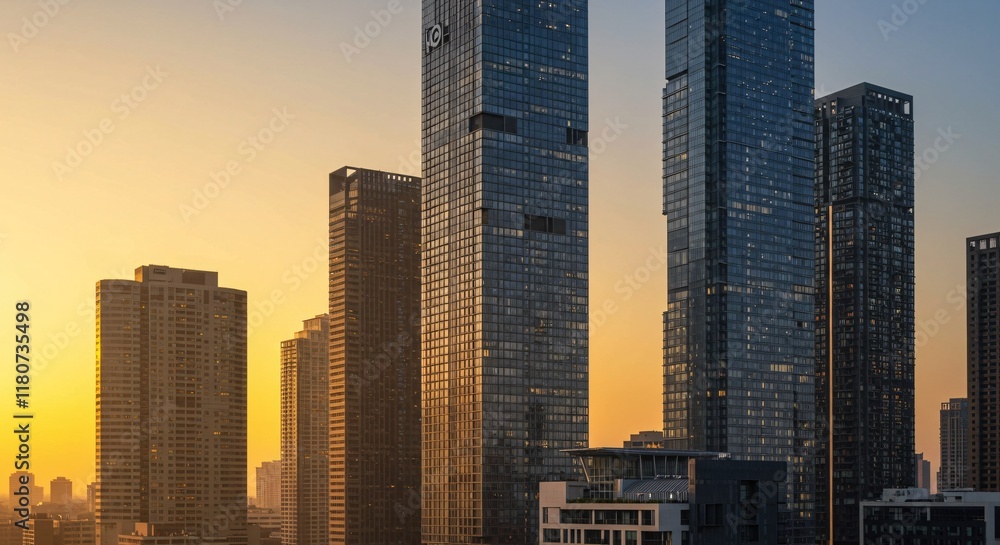 Fototapeta premium A modern city skyline at dawn, with the first light reflecting off glass skyscrapers
