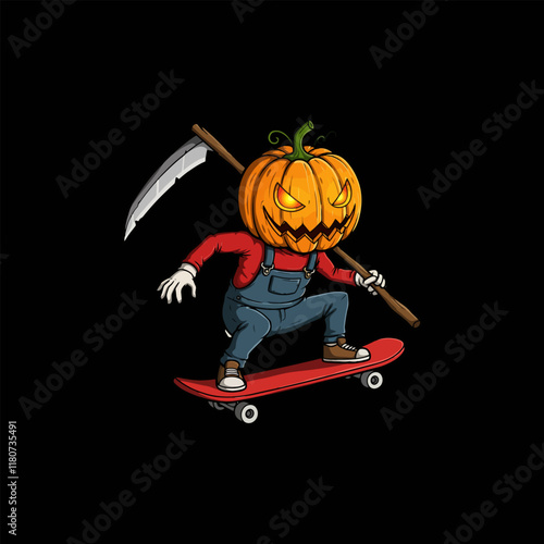 A cartoon jack o lantern character is skateboarding while holding a scythe.