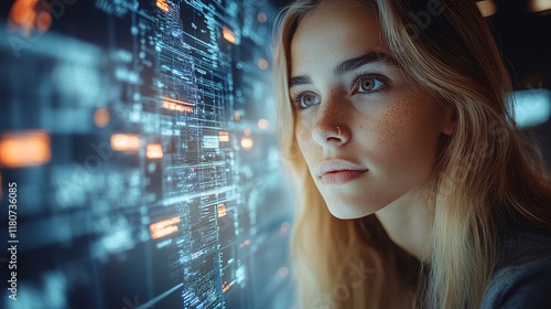 Young Woman in Futuristic Space Academy Room