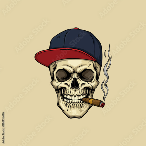 A stylized illustration depicts a skull wearing a baseball cap and smoking a cigar.