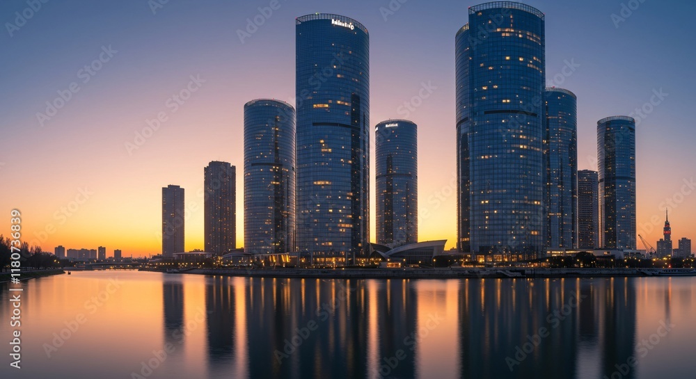 Fototapeta premium A modern city skyline at dawn, with the first light reflecting off glass skyscrapers