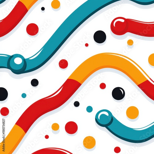 A vibrant abstract design featuring colorful wavy lines and circles, creating a playful and dynamic visual.