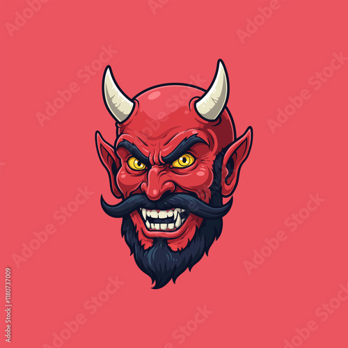 The image depicts a close-up illustration of an angry red devil head with horns, a beard, and a menacing grin.