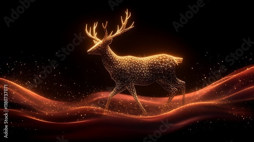 Glowing Wireframe Reindeer Crossing Starry Sands