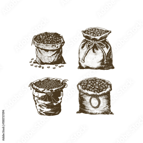 Canvas bag full of coffee bean engraving design vector template