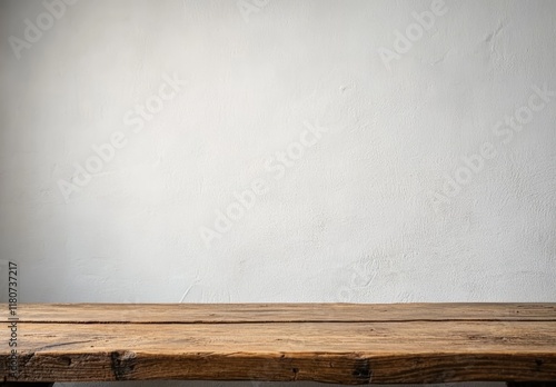 Empty wooden table with a rustic texture and a plain white wall background, ideal for product display mockup designs. Perfect for advertising templates with ample copy space