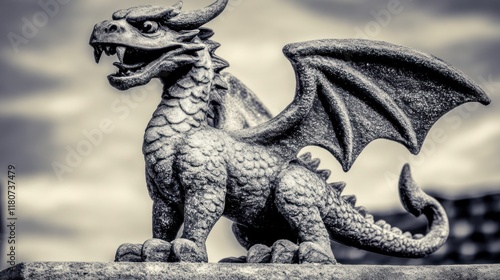 A small, stone dragon statue with wings spread, standing on a stone ledge against a cloudy sky. photo