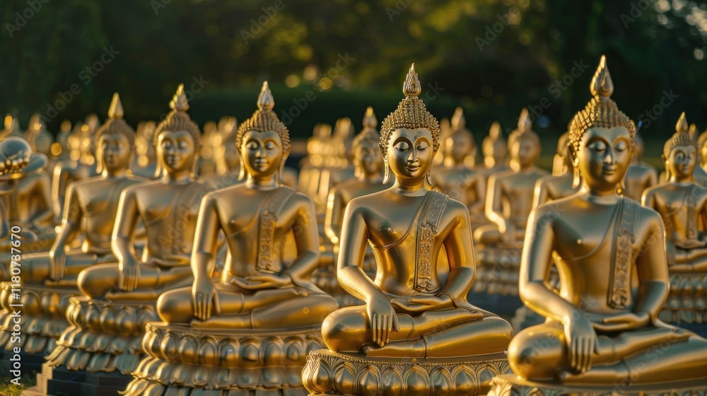 Fototapeta premium A large group of gold statues of Buddha are sitting in a row. Phuttha Utthayan Makha Bucha Anusorn (Buddhism Memorial Park), Nakhon Nayok, Thailand