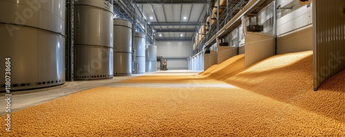 Wide-Angle View of Grain Storage Facility with Orange Grains