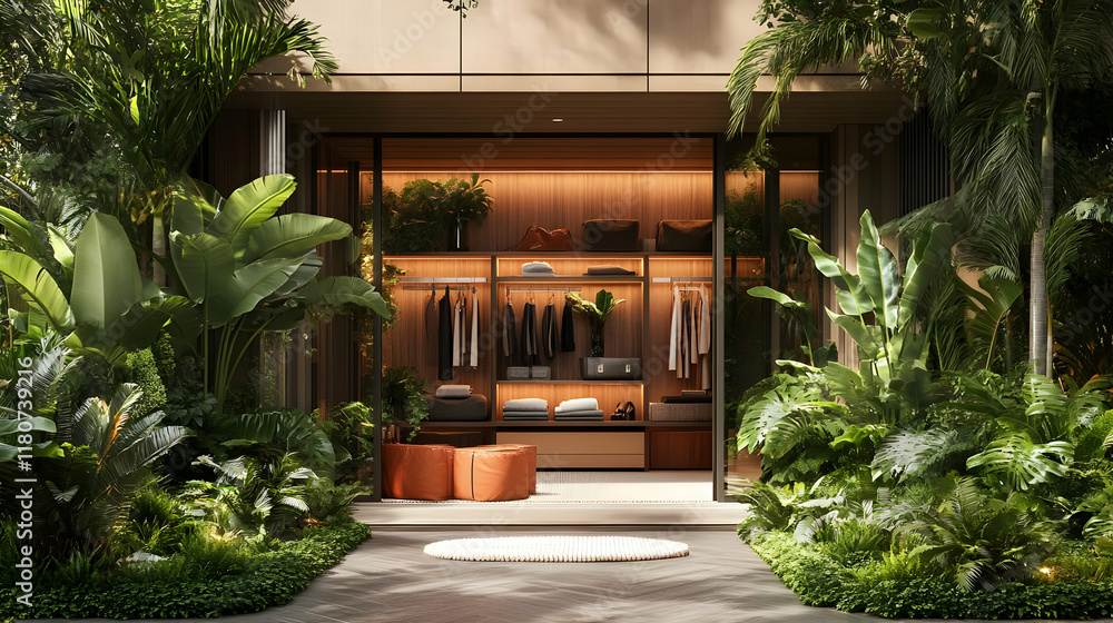 Fototapeta premium Tropical Garden Walkway to Modern Closet 3D Illustration